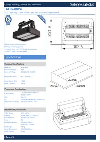 +Three in One (1-10V DC / PWM / Resistance)
+Timer - Contact AOK for Details
CRI Ra>78
CCT
Power Factor (PF)
80W
Electrical Specifications
Nominal Voltage
AC 0.9A (max)
>0.95
Nominal Wattage
Lens
Mechanical Specifications
IP67 & IK10
62000 hours - L70, @25°C
Anodized Aluminum
PC
304*232*183mm
11.9*9.1*7.2 inches
4.8kg
390*320*260mm
5.7kg
Fixture Dimension
Net Weight
Heat Radiator
Model No. AOK-80Wi
Quality, Honesty, Service and Innovation
AOK-80Wi
Optical control function optional
Dimming functions optional
Specifications
LED High Bay / Flood Tunnel Light, 160-200W HID Replacement
90-305VAC, 50/60Hz
Carton Dimension
Gross Weight
Driver Efficiency
Maximum Current
Photometric Specifications
+Lumen tolerance +/- 5%
>92%
i Series 10
Optional Beam Angle
8,000-8,800lm
IP&IK Rating
Lifetime
Luminous Flux
3500K/4100K/5000K/5700K/6500K
90*100°, 30°, 60°, 120°
 