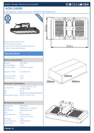 +Three in One (1-10V DC / PWM / Resistance)
+Timer - Contact AOK for Details
CRI Ra>78
CCT
Quality, Honesty, Service and Innovation
AOK-240Wi
LED High Bay / Flood Tunnel Light, 480-600W HID Replacement
Optical control function optional
Dimming functions optional
Specifications
Electrical Specifications
Model No. AOK-240Wi
Nominal Wattage 240W
Nominal Voltage 90-305VAC, 50/60Hz
Maximum Current AC 2.66A (max)
Power Factor (PF) >0.95
Driver Efficiency >92%
Photometric Specifications
Mechanical Specifications
IP&IK Rating IP67 & IK10
Lifetime 62000 hours - L70, @25°C
+Lumen tolerance +/- 5%
24,000-26,400lm
Optional Beam Angle
i Series 14
Heat Radiator Anodized Aluminum
Lens PC
Fixture Dimension 304*554*196mm
11.9*21.8*7.7 inches
Net Weight 9.6kg
Luminous Flux
3500K/4100K/5000K/5700K/6500K
Carton Dimension 640*390*260mm
Gross Weight 10.7kg
90*100°, 30°, 60°, 120°
 