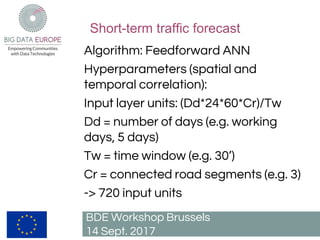 Short-term traffic forecast
BDE Workshop Brussels
14 Sept. 2017
Algorithm: Feedforward ANN
Hyperparameters (spatial and
temporal correlation):
Input layer units: (Dd*24*60*Cr)/Tw
Dd = number of days (e.g. working
days, 5 days)
Tw = time window (e.g. 30’)
Cr = connected road segments (e.g. 3)
-> 720 input units
 