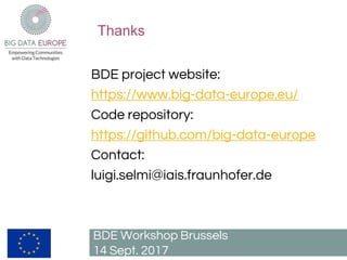 Thanks
BDE Workshop Brussels
14 Sept. 2017
BDE project website:
https://www.big-data-europe.eu/
Code repository:
https://github.com/big-data-europe
Contact:
luigi.selmi@iais.fraunhofer.de
 