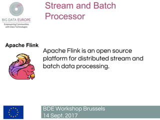 Stream and Batch
Processor
BDE Workshop Brussels
14 Sept. 2017
Apache Flink is an open source
platform for distributed stream and
batch data processing.
Apache Flink
 