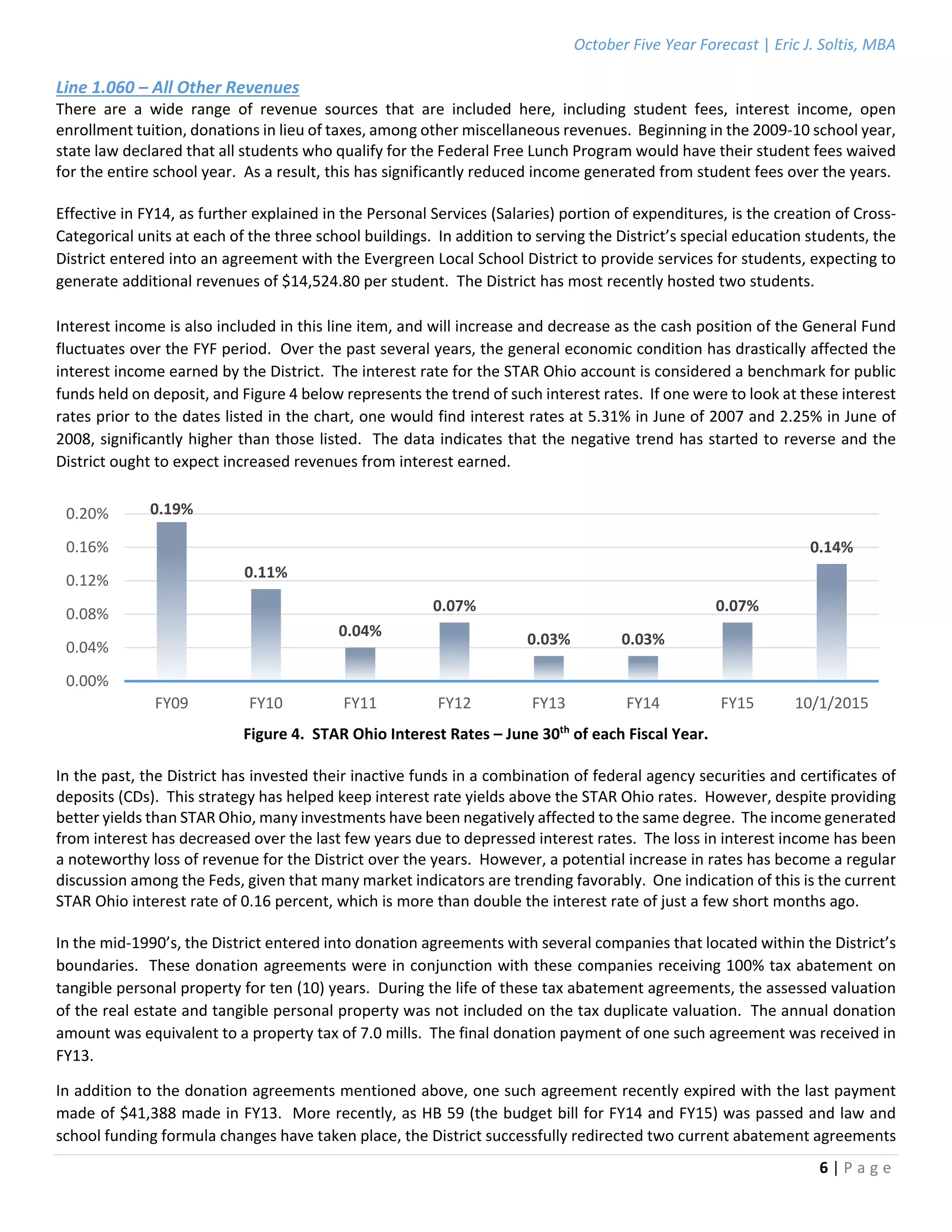 October Five Year Forecast | Eric J. Soltis, MBA 
 
6 | P a g e  
 
Line 1.060 – All Other Revenues 
There  are  a  wide  range  of  revenue  sources  that  are  included  here,  including  student  fees,  interest  income,  open 
enrollment tuition, donations in lieu of taxes, among other miscellaneous revenues.  Beginning in the 2009‐10 school year, 
state law declared that all students who qualify for the Federal Free Lunch Program would have their student fees waived 
for the entire school year.  As a result, this has significantly reduced income generated from student fees over the years. 
 
Effective in FY14, as further explained in the Personal Services (Salaries) portion of expenditures, is the creation of Cross‐
Categorical units at each of the three school buildings.  In addition to serving the District’s special education students, the 
District entered into an agreement with the Evergreen Local School District to provide services for students, expecting to 
generate additional revenues of $14,524.80 per student.  The District has most recently hosted two students. 
 
Interest income is also included in this line item, and will increase and decrease as the cash position of the General Fund 
fluctuates over the FYF period.  Over the past several years, the general economic condition has drastically affected the 
interest income earned by the District.  The interest rate for the STAR Ohio account is considered a benchmark for public 
funds held on deposit, and Figure 4 below represents the trend of such interest rates.  If one were to look at these interest 
rates prior to the dates listed in the chart, one would find interest rates at 5.31% in June of 2007 and 2.25% in June of 
2008, significantly higher than those listed.  The data indicates that the negative trend has started to reverse and the 
District ought to expect increased revenues from interest earned. 
 
 
Figure 4.  STAR Ohio Interest Rates – June 30th
 of each Fiscal Year. 
 
In the past, the District has invested their inactive funds in a combination of federal agency securities and certificates of 
deposits (CDs).  This strategy has helped keep interest rate yields above the STAR Ohio rates.  However, despite providing 
better yields than STAR Ohio, many investments have been negatively affected to the same degree.  The income generated 
from interest has decreased over the last few years due to depressed interest rates.  The loss in interest income has been 
a noteworthy loss of revenue for the District over the years.  However, a potential increase in rates has become a regular 
discussion among the Feds, given that many market indicators are trending favorably.  One indication of this is the current 
STAR Ohio interest rate of 0.16 percent, which is more than double the interest rate of just a few short months ago. 
 
In the mid‐1990’s, the District entered into donation agreements with several companies that located within the District’s 
boundaries.  These donation agreements were in conjunction with these companies receiving 100% tax abatement on 
tangible personal property for ten (10) years.  During the life of these tax abatement agreements, the assessed valuation 
of the real estate and tangible personal property was not included on the tax duplicate valuation.  The annual donation 
amount was equivalent to a property tax of 7.0 mills.  The final donation payment of one such agreement was received in 
FY13. 
In addition to the donation agreements mentioned above, one such agreement recently expired with the last payment 
made of $41,388 made in FY13.  More recently, as HB 59 (the budget bill for FY14 and FY15) was passed and law and 
school funding formula changes have taken place, the District successfully redirected two current abatement agreements 
0.19%
0.11%
0.04%
0.07%
0.03% 0.03%
0.07%
0.14%
0.00%
0.04%
0.08%
0.12%
0.16%
0.20%
FY09 FY10 FY11 FY12 FY13 FY14 FY15 10/1/2015
 