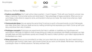 25the principles
Observe. Reﬂect. Make.
• Explore possibilities: Don’t wait until an idea is perfect—it won’t happen. Think with your hands to uncover new
ideas in real time. Find out what works and what doesn’t. Take advantage of happy accidents. When you’ve run
out of ideas, invite others to respond, remix, and transform what you’ve made. You never know what you might
learn from others.
• Communicate ideas: Are we seeing the same thing? A picture is worth a thousand words, so don’t tell people
your idea; show them. Get your ideas across by making something that expresses your intent. Come up with your
story and show them why it matters.
• Prototype concepts: Prototypes are experiments that help to validate or invalidate your hypotheses and
assumptions. Although it’s helpful to think of everything you make as a prototype, low-ﬁdelity prototypes can help
simulate ideas and test hypotheses quickly and cheaply. No need to make it perfect––just make it appropriate for
the feedback you need.
• Drive outcomes: Once you’ve committed to an idea, turn your intent into an outcome. You don’t need to know
everything to get moving. Listen, learn, and course-correct as you work out the details. Remember: everything is
a prototype––even in-market solutions. Fail early and learn fast.
 
