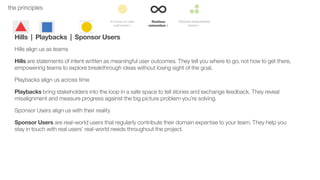 28the principles
Hills | Playbacks | Sponsor Users
Hills align us as teams
Hills are statements of intent written as meaningful user outcomes. They tell you where to go, not how to get there,
empowering teams to explore breakthrough ideas without losing sight of the goal.
Playbacks align us across time
Playbacks bring stakeholders into the loop in a safe space to tell stories and exchange feedback. They reveal
misalignment and measure progress against the big picture problem you’re solving.
Sponsor Users align us with their reality
Sponsor Users are real-world users that regularly contribute their domain expertise to your team. They help you
stay in touch with real users’ real-world needs throughout the project.
 