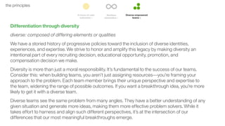 44the principles
Differentiation through diversity
diverse: composed of differing elements or qualities
We have a storied history of progressive policies toward the inclusion of diverse identities,
experiences, and expertise. We strive to honor and amplify this legacy by making diversity an
intentional part of every recruiting decision, educational opportunity, promotion, and
compensation decision we make.
Diversity is more than just a moral responsibility. It’s fundamental to the success of our teams.
Consider this: when building teams, you aren’t just assigning resources––you’re framing your
approach to the problem. Each team member brings their unique perspective and expertise to
the team, widening the range of possible outcomes. If you want a breakthrough idea, you’re more
likely to get it with a diverse team.
Diverse teams see the same problem from many angles. They have a better understanding of any
given situation and generate more ideas, making them more effective problem solvers. While it
takes effort to harness and align such different perspectives, it’s at the intersection of our
differences that our most meaningful breakthroughs emerge.
 