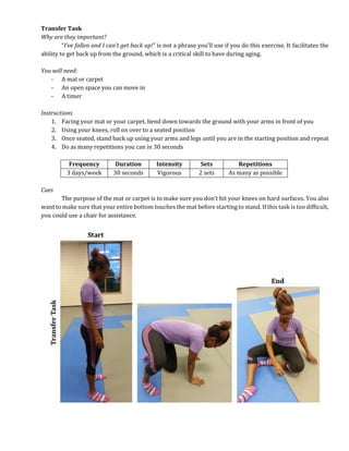 Transfer Task
Why are they important?
“I’ve fallen and I can’t get back up!” is not a phrase you’ll use if you do this exercise. It facilitates the
ability to get back up from the ground, which is a critical skill to have during aging.
You will need:
- A mat or carpet
- An open space you can move in
- A timer
Instructions
1. Facing your mat or your carpet, bend down towards the ground with your arms in front of you
2. Using your knees, roll on over to a seated position
3. Once seated, stand back up using your arms and legs until you are in the starting position and repeat
4. Do as many repetitions you can in 30 seconds
Frequency Duration Intensity Sets Repetitions
3 days/week 30 seconds Vigorous 2 sets As many as possible
Cues
The purpose of the mat or carpet is to make sure you don’t hit your knees on hard surfaces. You also
want to make sure that your entire bottom touches the mat before starting to stand. If this task is too difficult,
you could use a chair for assistance.
 