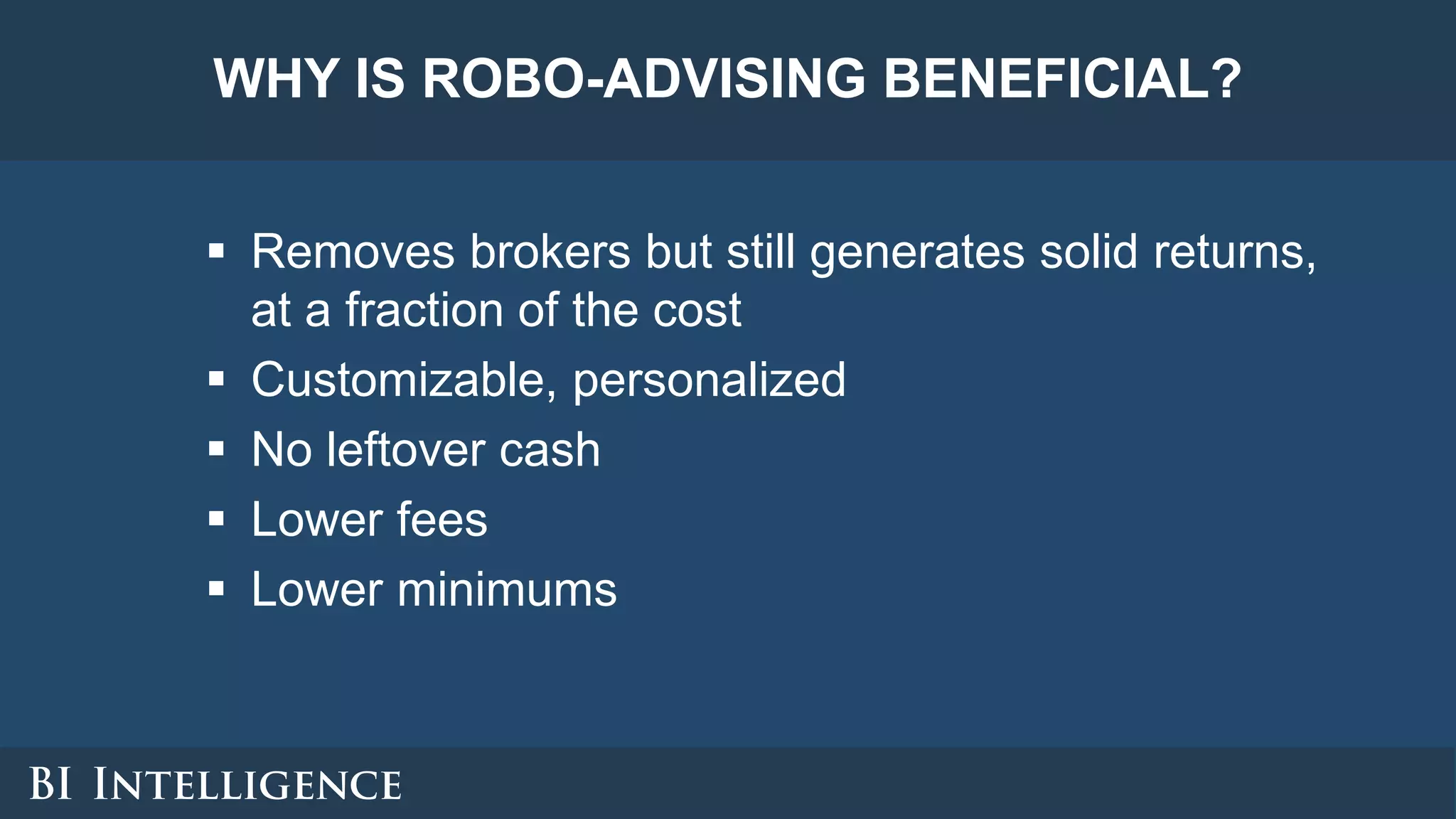 WHY IS ROBO-ADVISING BENEFICIAL?
 Removes brokers but still generates solid returns,
at a fraction of the cost
 Customizable, personalized
 No leftover cash
 Lower fees
 Lower minimums
 