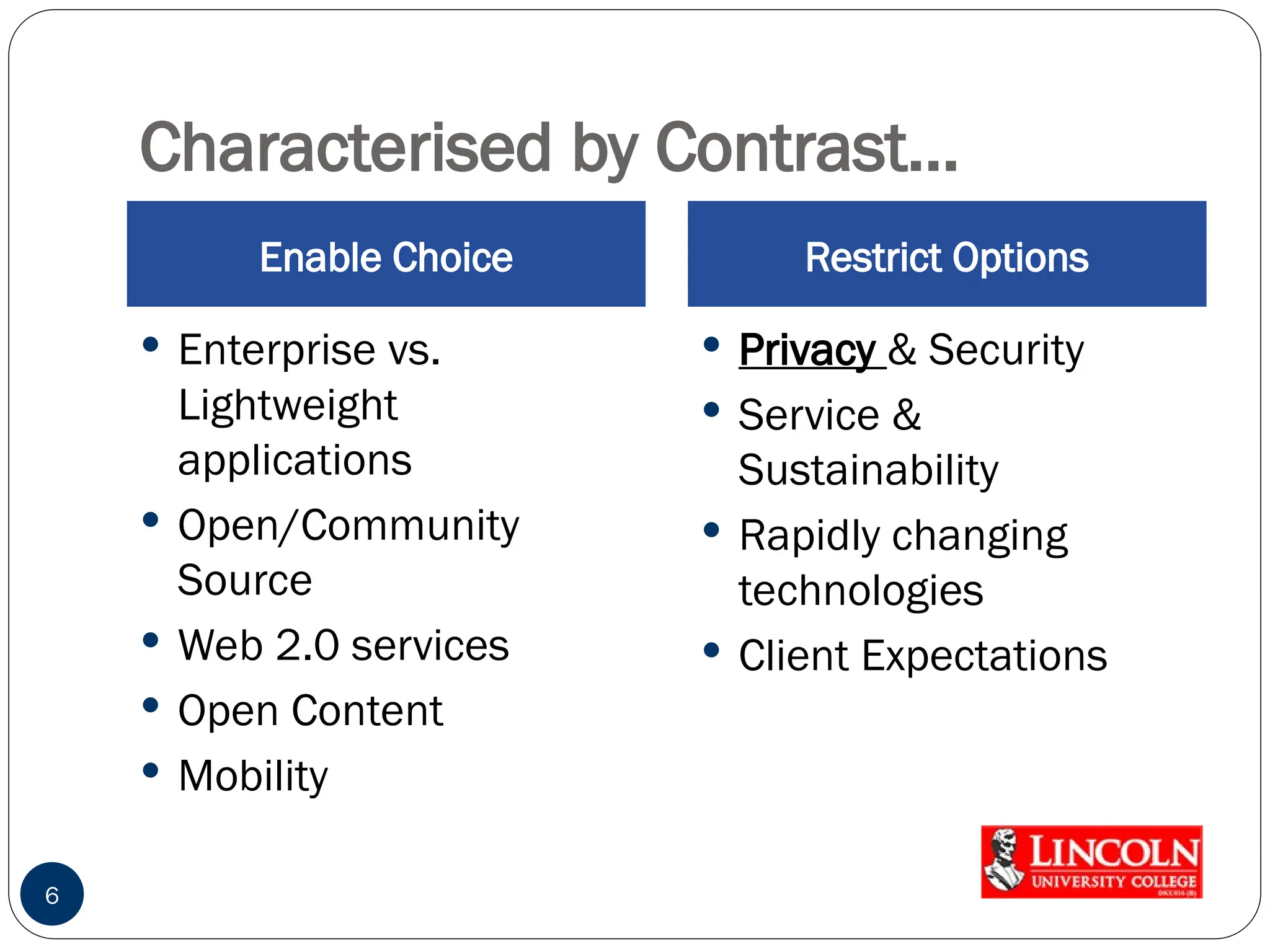 Characterised by Contrast…
Enable Choice Restrict Options
 Enterprise vs.
Lightweight
applications
 Open/Community
Source
 Web 2.0 services
 Open Content
 Mobility
 Privacy & Security
 Service &
Sustainability
 Rapidly changing
technologies
 Client Expectations
6
 