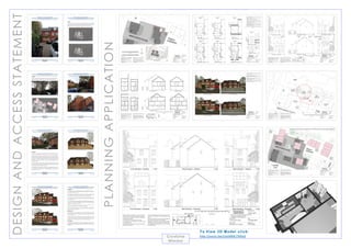 GSPublisherEngine 242.74.82.100
DESIGN AND ACCESS STATEMENT
To accompany the planning application for
1 Merchants Place, Upper Brook Street, Winchester SO23 8HW
27 January 2015 Ref: P101/10 Page 1 of 8
Figure 1 - No.1 Merchants Place – front elevation
DESIGN AND ACCESS STATEMENT
To accompany the planning application for
1 Merchants Place, Upper Brook Street, Winchester SO23 8HW
27 January 2015 Ref: P101/10 Page 2 of 8
The Site
Merchants Place is a relatively modern courtyard development of 17 terraced and
semi-detached houses built on what used to be the Dibben Builders Merchants in
Upper Brook Street. Six of the houses front Upper Brook Street; four look out in the
direction of Trinity Gardens and the remaining six face into the courtyard.
Figure 2 - Merchants Place - No1. Outlined in red
Figure 3 - Merchants Place - Shaded area indicates proposed back extension
DESIGN AND ACCESS STATEMENT
To accompany the planning application for
1 Merchants Place, Upper Brook Street, Winchester SO23 8HW
27 January 2015 Ref: P101/10 Page 3 of 8
The Scale
No.1 is a two storey house at the northern end of a terrace of four; there are three
storey houses directly to the East, West and South of the property, directly to the
North is the back garden of Brook House, where several large trees are situated.
Figure 4 – No.1 Merchants Place - viewed from car park to the north
Figure 5 - Three storey houses shown with red shading
No.1
DESIGN AND ACCESS STATEMENT
To accompany the planning application for
1 Merchants Place, Upper Brook Street, Winchester SO23 8HW
27 January 2015 Ref: P101/10 Page 4 of 8
Figure 6 – Merchants Place courtyard – looking north
Figure 7 – Nos.1, 2, 3 and 4 Merchants Place
No.1
No.1
DESIGN AND ACCESS STATEMENT
To accompany the planning application for
1 Merchants Place, Upper Brook Street, Winchester SO23 8HW
27 January 2015 Ref: P101/10 Page 5 of 8
Figure 8 - No.1 Merchants Place - viewed from Trinity Gardens
The Proposal
1 Merchants Place is presently an exceptionally small 57.2 square meter (615 sq ft)
two storey, two bedroomed, end of terrace house, built around 21 years ago (1993).
Planning permission was granted in March 2008 for a loft conversion (FP08/0440),
however the owners decided against going ahead with the proposed design as
they felt that it didn’t take into account the latest energy conservation technology.
After visiting the Eco-Build exhibition they decided that they wanted to create as
close to an ‘eco-house’ as possible, which is why, the proposed design now
incorporates a higher roof; to ensure that enough sunlight is available for the
photovoltaic panels.
The owners wanted to create a house that not only gave them the space they
needed, but that also provided the best energy efficiency that they could achieve
by incorporated the latest technology including an air source heat pump to heat
the house and photovoltaic panels for electricity.
Once extended the property should adequately accommodate the current owners
by incorporating an extra bedroom and study area together with an area for a
dining room table. The proposed area should be increased to approximately 108
square meters (1159 sq ft).
No.1
DESIGN AND ACCESS STATEMENT
To accompany the planning application for
1 Merchants Place, Upper Brook Street, Winchester SO23 8HW
27 January 2015 Ref: P101/10 Page 6 of 8
Figure 9 - Existing back of No.1 Merchants Place
Figure 10 - Proposed back of No.1 showing Photo-voltaic panels
No.1
No.1
DESIGN AND ACCESS STATEMENT
To accompany the planning application for
1 Merchants Place, Upper Brook Street, Winchester SO23 8HW
27 January 2015 Ref: P101/10 Page 7 of 8
Figure 11 - Existing terrace Nos. 1 - 4
Figure 12 - Proposed terrace with Photo-voltaic panels to No1
No.1
No.1
DESIGN AND ACCESS STATEMENT
To accompany the planning application for
1 Merchants Place, Upper Brook Street, Winchester SO23 8HW
27 January 2015 Ref: P101/10 Page 8 of 8
The Rationale
Fig 9 and Fig 10 show both the existing and the proposed back elevation of Nos. 1. 2.
3 and 4 Merchants Place. The proposed extension would project by 2335mm from
the original back wall of the house.
The extension would provide enough room for a dining room table to be
accommodated on the ground floor, a modified bedroom arrangement on the first
floor and a bedroom, shower room and study area at the top of the house.
The roof terrace would accommodate the necessary services including the air
source heat pump, access for the maintenance of the photovoltaic panels and rain
water collection point.
Fig 11 and Fig 12 show both the existing and the proposed front elevation of Nos. 1,
2, 3 and 4 Merchants Place. The single first floor window has been replaced with two,
to balance the façade (this arrangement formed part of the original planning
application which was approved in 1993).
The position and materials used for the second floor dormer window and roof would
be as close a match as possible to the neighbouring properties.
The new roof will allow the sun to reach the photovoltaic panels ensuring
environmentally friendly electricity as well as reflecting the wide use of stepped roofs
found in the neighbouring properties.
Disabled Access
There is a steep step up to the front door, this, together with the layout of the
‘allocated parking spaces’ to the front (which end just one meter away from the
front of the house), would make disabled access virtually impossible as there would
not be room for a ramp.
The back door has a medium sized step up which could be entered via a ramp,
however to get access to this, the path to the side of the house (which is 740mm at
its narrowest) would need to be overcome and the vehicle parked in the ‘allocated
parking space’ directly outside the side access, would need to be moved.
The Conclusion
It is hoped that the redesign of No.1 Merchants Place is seen as an inventive way of
incorporating the latest technology to create an energy efficient house as well as
adding to the charm and interest of the roofline of this modern city centre courtyard
development.
DESIGNANDACCESSSTATEMENT
PLANNINGAPPLICATION
To View 3D Model click:
http://youtu.be/Upd4BK7N6x0Crystyna
Nimmo
 