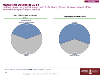 Zoe Zygogianni • Andreas Marinis • Zoi Sfyri • Dimitris Tzanos
M.Sc in Marketing and Communication • AUEB • LeShop Case Study • July 2015
17
Marketing Details of 2014
LeShop being the market leader with 61% share; Driven at some extent of the
extensive usage of digital devices
KPIs EvolutionB
Part of turnover achieved
via …
Estimated market share
39%
iPhone/iPad &
Android smartphones
61%
Other
61%
LeShop
39%
Other e-shops
 
