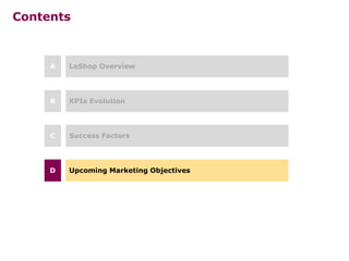 Contents
LeShop OverviewA
KPIs EvolutionB
Success FactorsC
Upcoming Marketing ObjectivesD
 