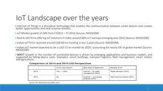IoT Landscape over the years
Internet of Things is a disruptive technology that enables the communication between smart devices and creates
better opportunities and new revenue streams.
IoT Market growth of 28% from FY2015 – FY 2016 (Source: NASSCOM)
Nearly 120 firms offering IoT solutions in India; around 60% IoT startups emerging post 2010 (Source: NASSCOM)
Indian IoT firms received around USD 60 mn funding in last 3 years (Source: NASSCOM)
Indian IoT market expected to be a USD 15 bn market by 2020; accounting for nearly 5% of global market (Source:
NASSCOM)
WHY? Growth in the number of connected devices is driven by emerging applications and business models, and
supported by falling device costs. Examples: smart buildings, transport logistics, fleet management, smart meters
and agriculture.
2
 