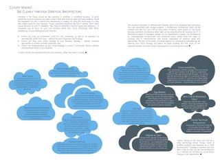 CLOUDY VISION?
SEE CLEARLY THROUGH STRATEGIC ARCHITECTURE.
Clearly, moving to the Cloud can t just be a
shiny technology driven change. Given a
justified business case wrapped up in both
Business and IT Strategy is essential, lets now
take a look at how we can use architecture
as a method for introducing Cloud-based
changes to an organisation.
 Ensure you have an established vision for your enterprise, as well as an approach to
operationally realise that vision – defined Business Objectives and Strategy;
 Ensure you align your Cloud Strategy to your Business Strategy – defined common
approaches to achieve common objectives; and
 Govern the implementation of your Cloud Strategy to ensure it continually delivers relevant
and beneficial results to your business.
In short, declare the intended future for your business, rather than leave it cloudy.
Flexi-Scale
Scale up or down, in or out -
flexibility is baked into most Cloud
Services. Such operational agility is
significant driver for cloud adoption
and potentially a competitive
advantage.
Disaster Recovery
Robust Cloud-based backup and
recovery solutions for organisations that
lack expertise or investment.
Maintenance Automation
Managed infrastructure platforms
mean automation of patches,
security and software updates –
focus on growing your core business
not commodity IT.
CapEx Zero
Pay as you go subscription model IT
service consumption rather than
purchasing, housing and maintaining your
own hardware and the skills needed to put
it together properly. Run costs (OpEx)
clearly increase, but big up front lump sum
payments all but disappear.
Collaborate!
Share documents and data anytime,
from anywhere, updating and
sharing a vision in real time. Wrap in
workflow to add suitable process
governance and control – single
version of the truth – no more email
file attachment chaos!
Flexi-Working
Any reasonable bandwidth internet
connection and you can get to work,
regardless of location – work / life balance
positive without productivity compromise.
Quality Cloud services are also not
restricted to supporting specific devices.
Security
Cloud isn t necessarily less secure than on
premises – trust is key, security is a joint
responsibility with the Cloud vendor, skills
and proof of defence in depth are essential.
Lost laptops and expensive data? Cloud
data stores negate the impact of lost or
compromised devices.
Non-Critical Workloads
Only?
Cloud isn t only for Dev / Test,
Mission Critical use (combined with
business continuity capabilities off-
Cloud) may well work for your
business.
Migrate to Gain
Lift and Shift migration to the Cloud
doesn t necessarily infer Cloud benefits
out of the box – your applications may
well need rewriting to properly utilise
Cloud native services in order to truly
gain the benefits e.g. auto-scaling etc.
Competitiveness
Cloud delivers enterprise-class technology for all. Small
businesses can punch above their weight, acting faster
and disrupting established markets. The big guys find
new ways of connecting their dispersed siloes into an
organisation greater than the sum of its parts.
Egg Baskets
One Cloud Service approach and one
vendor may not be a sensible strategy,
while keeping things simple and
achievable in the short term, it makes
sense to have a plan that encompasses
the breadth of options available.
Cloud everything
...isn t necessarily a sensible strategy, Cloud may not be
right for your business at all. Analyse to understand
where it s best used and quantify the gains. TCO spread
over the service life as OpEx isn t necessarily cheaper in
the long term, consider ICT maturity and change agility,
adapt governance and budgeting to properly account
for Cloud utilisation – measure bang for buck carefully.
Cloudy Technical
Perspectives
Virtualisation and Private Cloud are
not the same thing, the latter
requires the former plus a Cloud
Platform ecosystem of capabilities.
The essential ingredient in defining both Business and Cloud Strategies and controlling
the risks associated with change projects, is Architecture. Architecture need not be
verbose and dull, nor can it be an ivory tower of theory, never based on real world
business operation. Architecture done right can be understood by all, business and IT. It
becomes an agent of managed change, not an impediment to agility. Use Architecture
to unambiguously communicate your enterprise vision, break down the siloes of
business and IT transformation, and ensure integration of common goals and
approaches. The rest of this series of articles explores an architectural methodology for
defining your Cloud Strategy, but before we begin properly, let s first recap on the
potential benefits and a few of the misconceptions surrounding the Cloud.
Investing in the Cloud should be like investing in anything, a considered business. To avoid
piecemeal or point solutions you need to take a step back from the hype and stop dabbling. Avoid
the temptation to rush in without first establishing a strategy for using this technology in a way
that makes sense for your business. Cloud computing objectives are not IT specific, don t leave
Cloud decisions to your IT capability. The Cloud is ultimately a tool for agility and efficiency – it
empowers you to focus on your core business rather than Cloud technology itself. When
establishing a Cloud Strategy for your business:
 