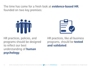 14 Deloitte University Press | 5 lessons from Behavioral Economics for the workplace | @DU_Press #DeloitteReview Copyright © 2016 Deloitte Development LLC. All rights reserved.
The time has come for a fresh look at evidence-based HR,
founded on two key premises:
HR practices, policies, and
programs should be designed
to reflect our best
understanding of human
psychology.
HR practices, like all business
programs, should be tested
and validated.
 