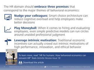 15 Deloitte University Press | 5 lessons from Behavioral Economics for the workplace | @DU_Press #DeloitteReview Copyright © 2016 Deloitte Development LLC. All rights reserved.
To learn more, read “HR for humans: How behavioral economics can
reinvent HR” from Deloitte Review Issue 18
Download the article
The HR domain should embrace three premises that
correspond to the major themes of behavioral economics:
Play Moneyball: When it comes to hiring and evaluating
employees, even simple predictive models can run circles
around unaided professional judgment
Leverage intrinsic motivation: Traditional economic
incentives can actually crowd out intrinsic motivations of
high performance, innovation, and ethical behavior
Nudge your colleagues: Smart choice architecture can
reduce cognitive overload and help employees make
better decisions
 