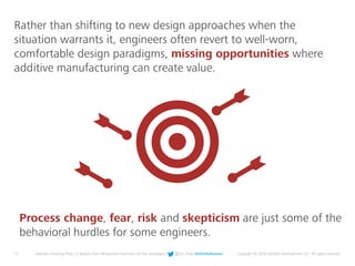 17 Deloitte University Press | 5 lessons from Behavioral Economics for the workplace | @DU_Press #DeloitteReview Copyright © 2016 Deloitte Development LLC. All rights reserved.
Process change, fear, risk and skepticism are just some of the
behavioral hurdles for some engineers.
Rather than shifting to new design approaches when the
situation warrants it, engineers often revert to well-worn,
comfortable design paradigms, missing opportunities where
additive manufacturing can create value.
 