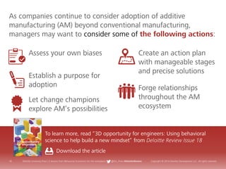 18 Deloitte University Press | 5 lessons from Behavioral Economics for the workplace | @DU_Press #DeloitteReview Copyright © 2016 Deloitte Development LLC. All rights reserved.
As companies continue to consider adoption of additive
manufacturing (AM) beyond conventional manufacturing,
managers may want to consider some of the following actions:
To learn more, read “3D opportunity for engineers: Using behavioral
science to help build a new mindset” from Deloitte Review Issue 18
Download the article
Assess your own biases
Establish a purpose for
adoption
Let change champions
explore AM’s possibilities
Create an action plan
with manageable stages
and precise solutions
Forge relationships
throughout the AM
ecosystem
 