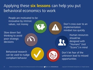 25 Deloitte University Press | 5 lessons from Behavioral Economics for the workplace | @DU_Press #DeloitteReview Copyright © 2016 Deloitte Development LLC. All rights reserved.
Applying these six lessons can help you put
behavioral economics to work
People are motivated to be
innovative by intrinsic
values, not money Don’t cross over to an
implementation
mindset too quickly
Human resources
should be
designed with
“Humans” (not
“Econs”) in mind
Don’t let fear of the
unknown lead to missed
opportunities
Slow down fast
thinking to avoid
poor strategic
decisions
Behavioral research
can be used to nudge
compliant behavior
 