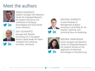 29 Deloitte University Press | 5 lessons from Behavioral Economics for the workplace | @DU_Press #DeloitteReview Copyright © 2016 Deloitte Development LLC. All rights reserved.
Meet the authors
BRENNA SNIDERMAN
senior manager with Deloitte’s
Center for Integrated Research.
Her research focuses on the
application of advanced
technologies in manufacturing.
JEFF SCHWARTZ
principal with Deloitte
Consulting LLP, is the global
Human Capital leader for talent
strategies and marketing,
eminence, and brand
MICHAEL ROBERTO
Trustee Professor of
Management at Bryant
University in Smithfield, RI. His
research, teaching, and
consulting focus on leadership.
DEREK PANKRATZ
research manager with Deloitte’s
Center for Integrated Research.
His research focuses on the
confluence of emerging
technological and social trends
across industries.
 