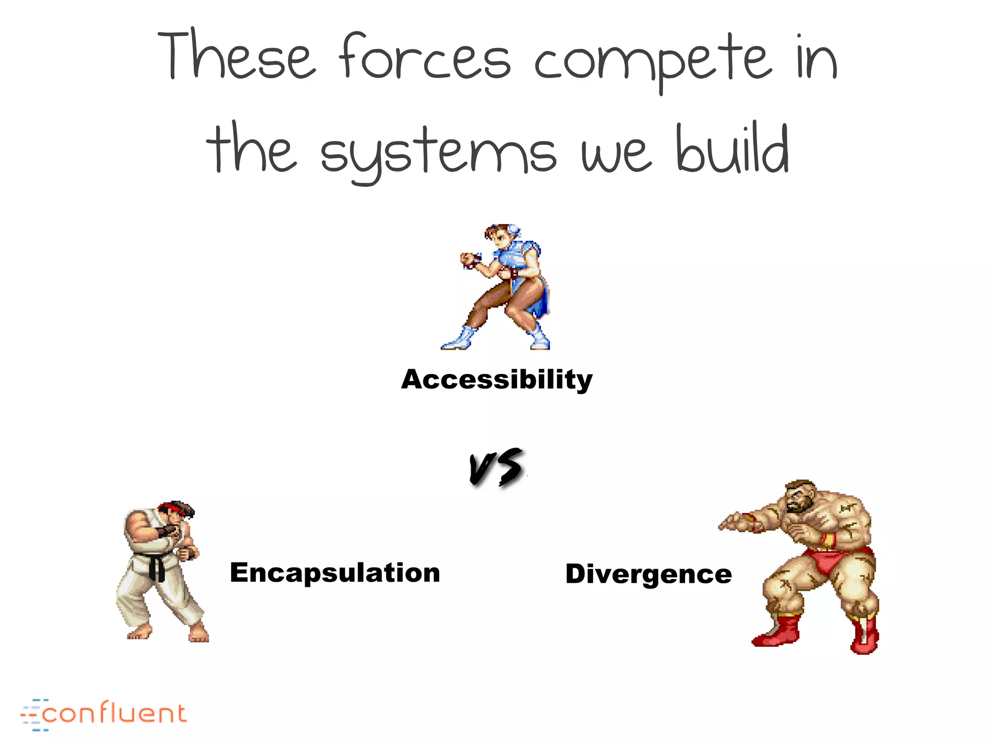 These forces compete in
the systems we build
Divergence
Accessibility
Encapsulation
 