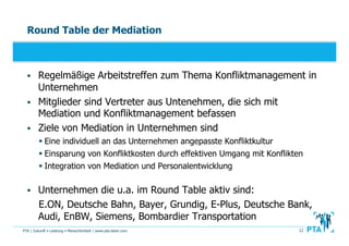PTA | Zukunft • Leistung • Menschlichkeit | www.pta-team.com 12
Round Table der Mediation
  Regelmäßige Arbeitstreffen zu...