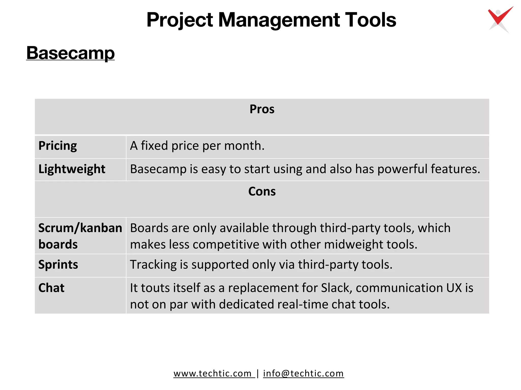 www.techtic.com | info@techtic.com
Project Management Tools
Basecamp
Pros
Pricing A fixed price per month.
Lightweight Basecamp is easy to start using and also has powerful features.
Cons
Scrum/kanban
boards
Boards are only available through third-party tools, which
makes less competitive with other midweight tools.
Sprints Tracking is supported only via third-party tools.
Chat It touts itself as a replacement for Slack, communication UX is
not on par with dedicated real-time chat tools.
 