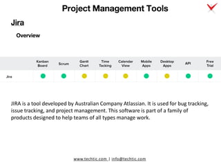 www.techtic.com | info@techtic.com
Project Management Tools
Overview
JIRA is a tool developed by Australian Company Atlass...