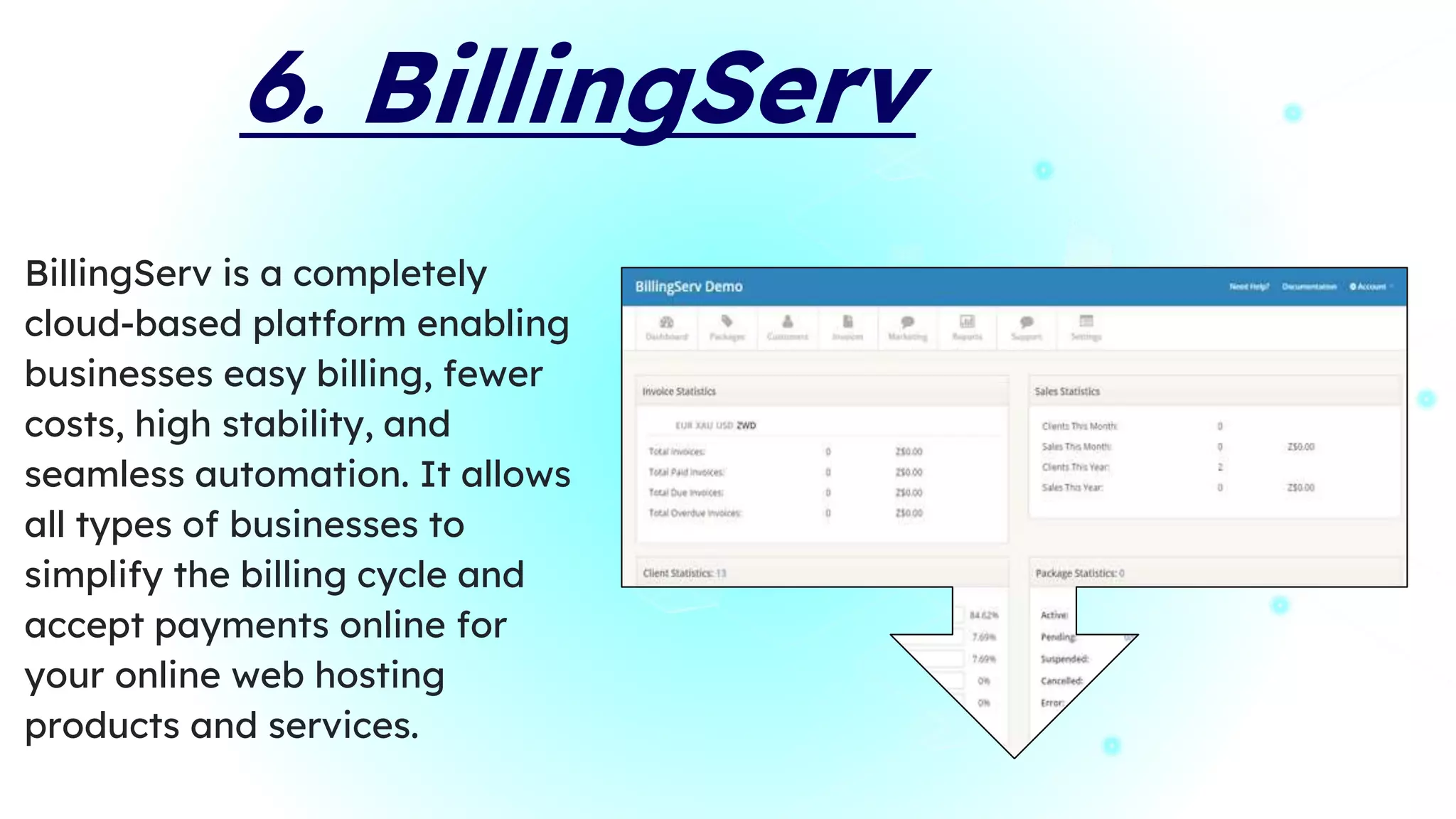 6. BillingServ
BillingServ is a completely
cloud-based platform enabling
businesses easy billing, fewer
costs, high stability, and
seamless automation. It allows
all types of businesses to
simplify the billing cycle and
accept payments online for
your online web hosting
products and services.
 