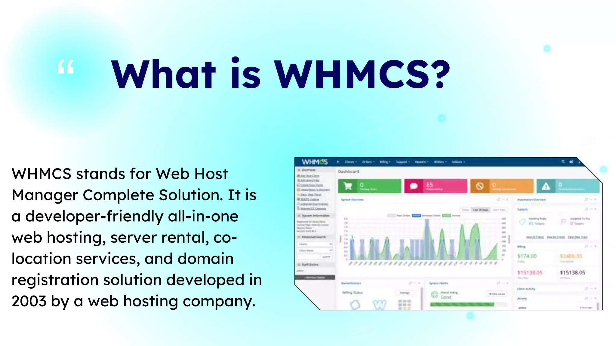 “ What is WHMCS?
4
WHMCS stands for Web Host
Manager Complete Solution. It is
a developer-friendly all-in-one
web hosting, server rental, co-
location services, and domain
registration solution developed in
2003 by a web hosting company.
 