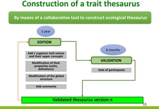 15
Construction of a trait thesaurus
Validated thesaurus version n
EDITION
Add / suppress trait names
and their upper conc...