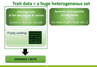 DATABASE / BETSI
Heterogeneity
of the data nature & sources
(numeric, discrete, textual)
Fuzzy coding:
Semantic heterogene...