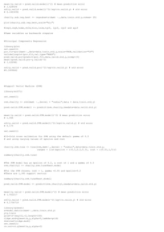 mean((y.valid - pred.valid.model1)^2) # mean prediction error
# 1.628554
sd((y.valid - pred.valid.model1)^2)/sqrt(n.valid.y) # std error
# 0.1603296
charity.sub.reg.best <- regsubsets(damt ~.,data.train.std.y,nvmax= 20)
plot(charity.sub.reg.best,scale="bic")
#reg3,reg4,home,chld,hinc,incm,tgif, lgif, rgif and agif
#Same variables as backwards stepwise
#Principal Components Regression
library(pls)
set.seed(1)
pcr.fit=pcr(damt~.,data=data.train.std.y,scale=TRUE,validation="CV")
validationplot(pcr.fit,val.type="MSEP")
pred.valid.pcr=predict(pcr.fit,data.valid.std.y,ncomp=15)
mean((pred.valid.pcr-y.valid)^2)
# 1.630981
sd((y.valid - pred.valid.pcr)^2)/sqrt(n.valid.y) # std error
#0.1609462
#Support Vector Machine (SVM)
library(e1071)
set.seed(1)
svm.charity <- svm(damt ~.,kernel = "radial",data = data.train.std.y)
pred.valid.SVM.model1 <- predict(svm.charity,newdata=data.valid.std.y)
mean((y.valid - pred.valid.SVM.model1)^2) # mean prediction error
# 1.566
sd((y.valid - pred.valid.SVM.model1)^2)/sqrt(n.valid.y) # std error
# 0.175
set.seed(1)
#10-fold cross validation for SVM using the default gamma of 0.5
# and using varying values of epsilon and cost
charity.svm.tune <- tune(svm,damt~.,kernel = "radial",data=data.train.std.y,
ranges = list(epsilon = c(0.1,0.2,0.3), cost = c(0.01,1,5)))
summary(charity.svm.tune)
#The SVM model has an epsilon of 0.2, a cost of 1 and a gamma of 0.5
svm.charity1 <- charity.svm.tune$best.model
#For the SVM chosen; cost = 1, gamma =0.05 and epsilon=0.2
#There are 1,345 support vectors
summary(charity.svm.tune$best.model)
pred.valid.SVM.model <- predict(svm.charity1,newdata=data.valid.std.y)
mean((y.valid - pred.valid.SVM.model)^2) # mean prediction error
# 1.552217
sd((y.valid - pred.valid.SVM.model)^2)/sqrt(n.valid.y) # std error
# 0.1736719
library(glmnet)
x=model.matrix(damt~.,data.train.std.y)
y=y.train
grid=10^seq(10,-2,length=100)
ridge.mod=glmnet(x,y,alpha=0,lambda=grid)
dim(coef(ridge.mod))
set.seed(1)
cv.out=cv.glmnet(x,y,alpha=0)
 