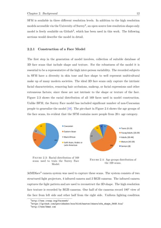 Chapter 2. Background 12
SFM is available in three different resolution levels. In addition to the high resolution
models accessible via the University of Surrey2, an open source low-resolution shape-only
model is freely available on Github3, which has been used in this work. The following
sections would describe the model in detail.
2.2.1 Construction of a Face Model
The first step in the generation of model involves, collection of suitable database of
3D face scans that include shape and texture. For the robustness of the model it is
essential to be a representative of the high inter-person variability. The recorded subjects
in SFM have a diversity in skin tone and face shape to well represent multicultural
make up of many modern societies. The ideal 3D face scans only capture the intrinsic
facial characteristics, removing hair occlusions, makeup, or facial expressions and other
extraneous factors; since these are not intrinsic to the shape or texture of the face.
Figure 2.3 shows the racial distribution of all 169 faces used in model construction.
Unlike BFM, the Surrey Face model has included significant number of non-Caucasian
people to generalize the model [10]. The pie-chart in Figure 2.4 shows the age groups of
the face scans, its evident that the SFM contains more people from 20+ age category.
Figure 2.3: Racial distribution of 169
scans used to train the Surrey Face
Model.
Figure 2.4: Age groups distribution of
the 169 scans.
3dMDface4 camera system was used to capture these scans. The system consists of two
structured light projectors, 4 infrared camera and 2 RGB cameras. The infrared camera
captures the light pattern and are used to reconstruct the 3D shape. The high resolution
face texture is recorded by RGB cameras. One half of the cameras record 180° view of
the face from left side and other half from the right side. Uniform lighting condition
2
http://www.cvssp.org/faceweb/
3
https://github.com/patrikhuber/eos/blob/master/share/sfm_shape_3448.bin/
4
http://www/3dmd.com
 