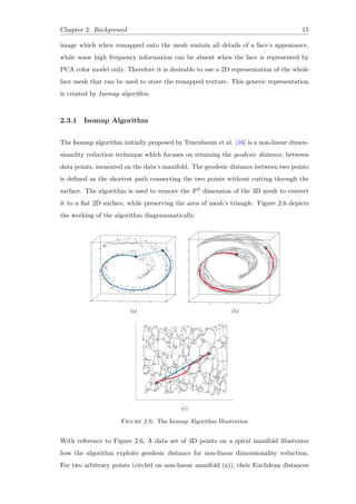 Chapter 2. Background 15
image which when remapped onto the mesh sustain all details of a face’s appearance,
while some high frequency information can be absent when the face is represented by
PCA color model only. Therefore it is desirable to use a 2D representation of the whole
face mesh that can be used to store the remapped texture. This generic representation
is created by Isomap algorithm.
2.3.1 Isomap Algorithm
The Isomap algorithm initially proposed by Tenenbaum et al. [16] is a non-linear dimen-
sionality reduction technique which focuses on retaining the geodesic distance, between
data points, measured on the data’s manifold. The geodesic distance between two points
is defined as the shortest path connecting the two points without cutting through the
surface. The algorithm is used to remove the 3rd dimension of the 3D mesh to convert
it to a flat 2D surface, while preserving the area of mesh’s triangle. Figure 2.6 depicts
the working of the algorithm diagrammatically.
(a) (b)
(c)
Figure 2.6: The Isomap Algorithm Illustration
With reference to Figure 2.6, A data set of 3D points on a spiral manifold illustrates
how the algorithm exploits geodesic distance for non-linear dimensionality reduction.
For two arbitrary points (circled on non-linear manifold (a)), their Euclidean distances
 