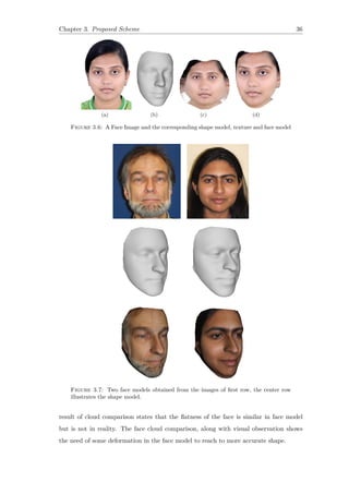 Chapter 3. Proposed Scheme 36
(a) (b) (c) (d)
Figure 3.6: A Face Image and the corresponding shape model, texture and face model
Figure 3.7: Two face models obtained from the images of first row, the center row
illustrates the shape model.
result of cloud comparison states that the flatness of the face is similar in face model
but is not in reality. The face cloud comparison, along with visual observation shows
the need of some deformation in the face model to reach to more accurate shape.
 