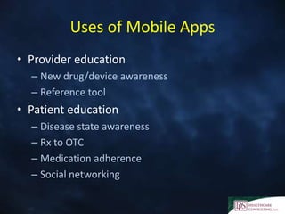 Uses of Mobile Apps
• Provider education
– New drug/device awareness
– Reference tool
• Patient education
– Disease state awareness
– Rx to OTC
– Medication adherence
– Social networking
 