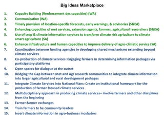 1. Capacity Building (Renforcement des capacities) (WA)
2. Communication (WA)
3. Timely provision of location-specific forecasts, early warnings, & advisories (S&EA)
4. Enhancing capacities of met services, extension agents, farmers, agricultural researchers (S&EA)
5. Use of crop & climate information services to transform climate risk agriculture to climate
smart agriculture (SA)
6. Enhance infrastructure and human capacities to improve delivery of agro-climatic service (SA)
7. Coordination between funding agencies in developing shared mechanisms extending beyond
climate services
8. Co-production of climate services: Engaging farmers in determining information packages via
participatory platforms
9. Open spaces for dialogue at the outset
10. Bridging the Gap between Met and Agr research communities to integrate climate information
into larger agricultural and rural development packages
11. Integrate Climate Services into National Plans: Create an institutional framework for the
production of farmer focused climate services
12. Multidisciplinary approach in producing climate services– involve farmers and other disciplines
from the beginning
13. Farmer-farmer exchanges
14. Train farmers to be community leaders
15. Insert climate information in agro-business incubators
Big Ideas Marketplace
 