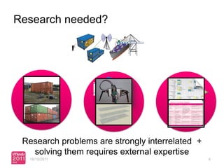 Research needed?




                      Energy-
                      efficient
 Environment?                           Viable
                   communication
                                       business
                     solutions?
                                        model?

 Research problems are strongly interrelated +
   solving them requires external expertise
  18/10/2011                                      4
 