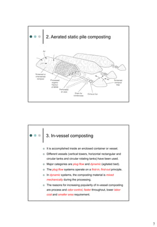 7
2. Aerated static pile composting
3. In-vessel composting
 It is accomplished inside an enclosed container or vessel.
 Different vessels (vertical towers, horizontal rectangular and
circular tanks and circular rotating tanks) have been used.
 Major categories are plug flow and dynamic (agitated bed).
 The plug flow systems operate on a first-in, first-out principle.
 In dynamic systems, the composting material is mixed
mechanically during the processing.
 The reasons for increasing popularity of in-vessel composting
are process and odor control, faster throughout, lower labor
cost and smaller area requirement.
 