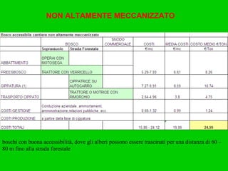 boschi con buona accessibilità, dove gli alberi possono essere trascinati per una distanza di 60 – 80 m fino alla strada forestale   NON ALTAMENTE MECCANIZZATO 