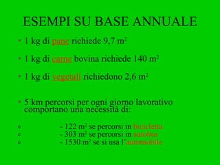 ESEMPI SU BASE ANNUALE 1 kg di  pane  richiede 9,7 m 2 1 kg di  carne  bovina richiede 140 m 2 1 kg di  vegetali  richiedono 2,6 m 2 5 km percorsi per ogni giorno lavorativo comportano una necessità di: - 122 m 2  se percorsi in  bicicletta - 303 m 2  se percorsi in  autobus - 1530 m 2  se si usa l’ automobile   