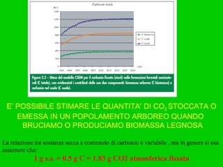La relazione tra sostanza secca e contenuto di carbonio è variabile , ma in genere si usa assumere che : 1 g s.s. = 0.5 g C = 1.83 g CO2 atmosferica fissata E’ POSSIBILE STIMARE LE QUANTITA’ DI CO 2  STOCCATA O EMESSA IN UN POPOLAMENTO ARBOREO QUANDO  BRUCIAMO O PRODUCIAMO BIOMASSA LEGNOSA 