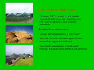 MOTIVAZIONI AMBIENTALI Emissioni di CO 2  equivalenti alla quantità riassorbita dalle piante per l’accrescimento, con effetto complessivo nullo sul piano ambientale. Emissioni in atmosfera assenti Utilizzo dell'energia termica a costo "zero“ Riutilizzo dei reflui nel settore agricolo come ammendante organico stabilizzato Inserimento paesaggistico a impatto nullo (impianti di piccola taglia distribuiti sul territorio). 