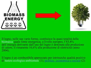 Il legno, nelle sue varie forme, costituisce la quasi totalità della  biomassa  quale fonte energetica; a livello europeo, l’83,4% dell’energia derivante dall’uso del legno è destinata alla produzione di calore, il rimanente 16,6% alla produzione di elettricità (anno 2004).  Il legno è un combustibile apprezzato per intrinseche qualità positive di  natura ecologica ambientale  (1),  politica , economica e sociale  (2). 