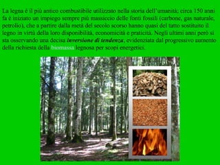 La legna è il più antico combustibile utilizzato nella storia dell’umanità; circa 150 anni fa è iniziato un impiego sempre più massiccio delle fonti fossili (carbone, gas naturale, petrolio), che a partire dalla metà del secolo scorso hanno quasi del tutto sostituito il legno in virtù della loro disponibilità, economicità e praticità. Negli ultimi anni però si sta osservando una decisa  inversione di tendenza , evidenziata dal progressivo aumento della richiesta della  biomassa  legnosa per scopi energetici. 