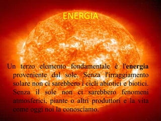 ENERGIA Un terzo elemento fondamentale è l' energia  proveniente dal sole. Senza l'irraggiamento solare non ci sarebbero i cicli abiotici e biotici. Senza il sole non ci sarebbero fenomeni atmosferici, piante o altri produttori e la vita come oggi noi la conosciamo . 