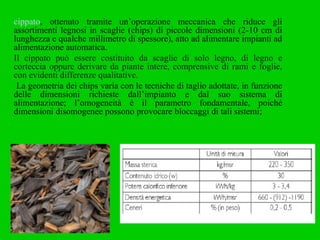 cippato , ottenuto tramite un’operazione meccanica che riduce gli assortimenti legnosi in scaglie (chips) di piccole dimensioni (2-10 cm di lunghezza e qualche millimetro di spessore), atto ad alimentare impianti ad alimentazione automatica. Il cippato può essere costituito da scaglie di solo legno, di legno e corteccia oppure derivare da piante intere, comprensive di rami e foglie, con evidenti differenze qualitative. La geometria dei chips varia con le tecniche di taglio adottate, in funzione delle dimensioni richieste dall’impianto e dal suo sistema di alimentazione; l’omogeneità è il parametro fondamentale, poiché dimensioni disomogenee possono provocare bloccaggi di tali sistemi;  