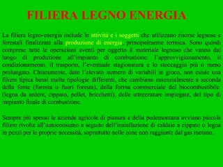 La filiera legno-energia include le  attività e i soggetti  che utilizzano risorse legnose e forestali finalizzate alla  produzione di energia , principalmente termica. Sono quindi comprese tutte le operazioni aventi per oggetto il materiale legnoso che vanno dal luogo di produzione all’impianto di combustione: l’approvvigionamento, il condizionamento, il trasporto, l’eventuale stagionatura e lo stoccaggio più o meno prolungato. Chiaramente, dato l’elevato numero di variabili in gioco, non esiste una filiera tipica bensì molte tipologie differenti, che cambiano essenzialmente a seconda della fonte (foresta o fuori foresta), della forma commerciale del biocombustibile  (legna da ardere, cippato, pellet, bricchetti), delle attrezzature impiegate, del tipo di impianto finale di combustione.   Sempre più spesso le aziende agricole di pianura e della pedemontana avviano piccole filiere rivolte all’autoconsumo a seguito dell’installazione di caldaie a cippato o legna in pezzi per le proprie necessità, soprattutto nelle zone non raggiunte dal gas metano. FILIERA LEGNO ENERGIA 