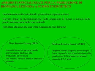 Short Rotation Forestry (SRF)  ARBORETI SPECIALIZZATI PER LA PRODUZIONE DI BIOMASSA LEGNOSA A SCOPO ENERGETICO Impianti lineari di specie a rapido accrescimento destinate alla produzione di biomassa  con turno di raccolta annuale massimo biennale Medium Rotation Forestry (MRF)  Impianti lineari di specie a crescita più lenta rispetto le precedenti destinate alla  produzione di biomassa con turno di raccolta di 5-8 anni modulo compositivo-strutturale geometrico e regolare e da un  elevato grado di meccanizzazione nelle operazioni di messa a dimora delle piante, realizzazione delle cure colturali  periodica utilizzazione una volta raggiunta la fine del turno 