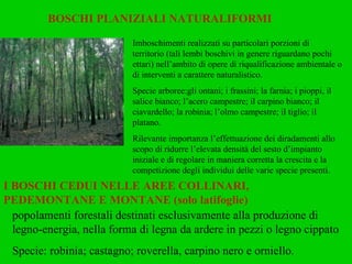 BOSCHI PLANIZIALI NATURALIFORMI I BOSCHI CEDUI NELLE AREE COLLINARI, PEDEMONTANE E MONTANE (solo latifoglie) Imboschimenti realizzati su particolari porzioni di territorio (tali lembi boschivi in genere riguardano pochi ettari) nell’ambito di opere di riqualificazione ambientale o di interventi a carattere naturalistico. Specie arboree:gli ontani; i frassini; la farnia; i pioppi, il salice bianco; l’acero campestre; il carpino bianco; il ciavardello; la robinia; l’olmo campestre; il tiglio; il platano. Rilevante importanza l’effettuazione dei diradamenti allo scopo di ridurre l’elevata densità del sesto d’impianto iniziale e di regolare in maniera corretta la crescita e la competizione degli individui delle varie specie presenti. popolamenti forestali destinati esclusivamente alla produzione di legno-energia, nella forma di legna da ardere in pezzi o legno cippato Specie: robinia; castagno; roverella, carpino nero e orniello. 